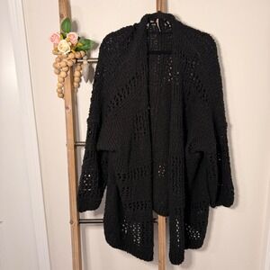 Free People Black Pointelle Chunky Knit Oversized Open Front Cardigan Sweater